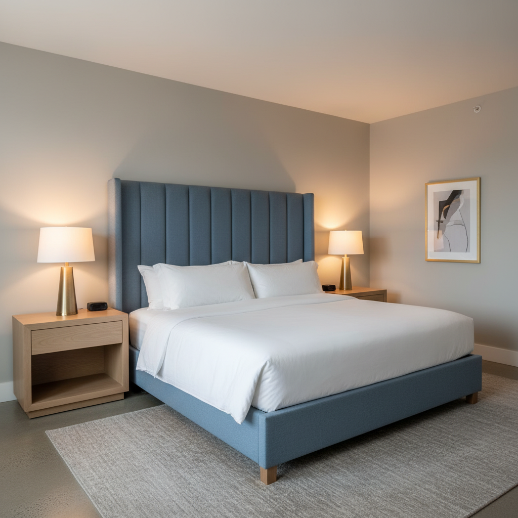 Fine Pebble Grain Denim Blue Upholstered Headboard | Architectural Fabrics