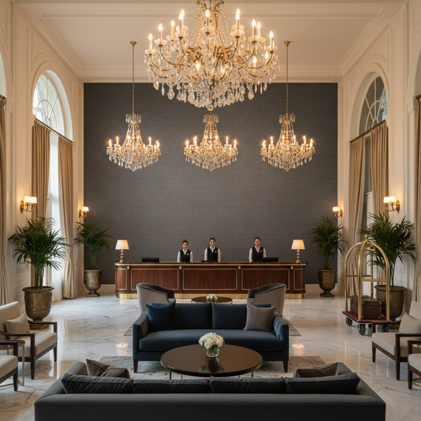 Barnard Type II Vinyl | Hollywood Wallcoverings - Hotel Lobby commercial room setting