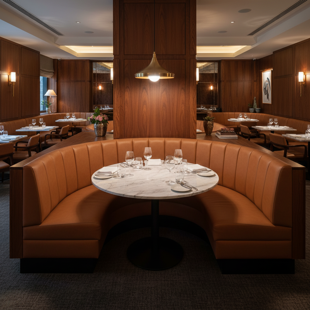 Smooth Leather Grain Sienna Brown Upholstered Banquette | Architectural Fabrics