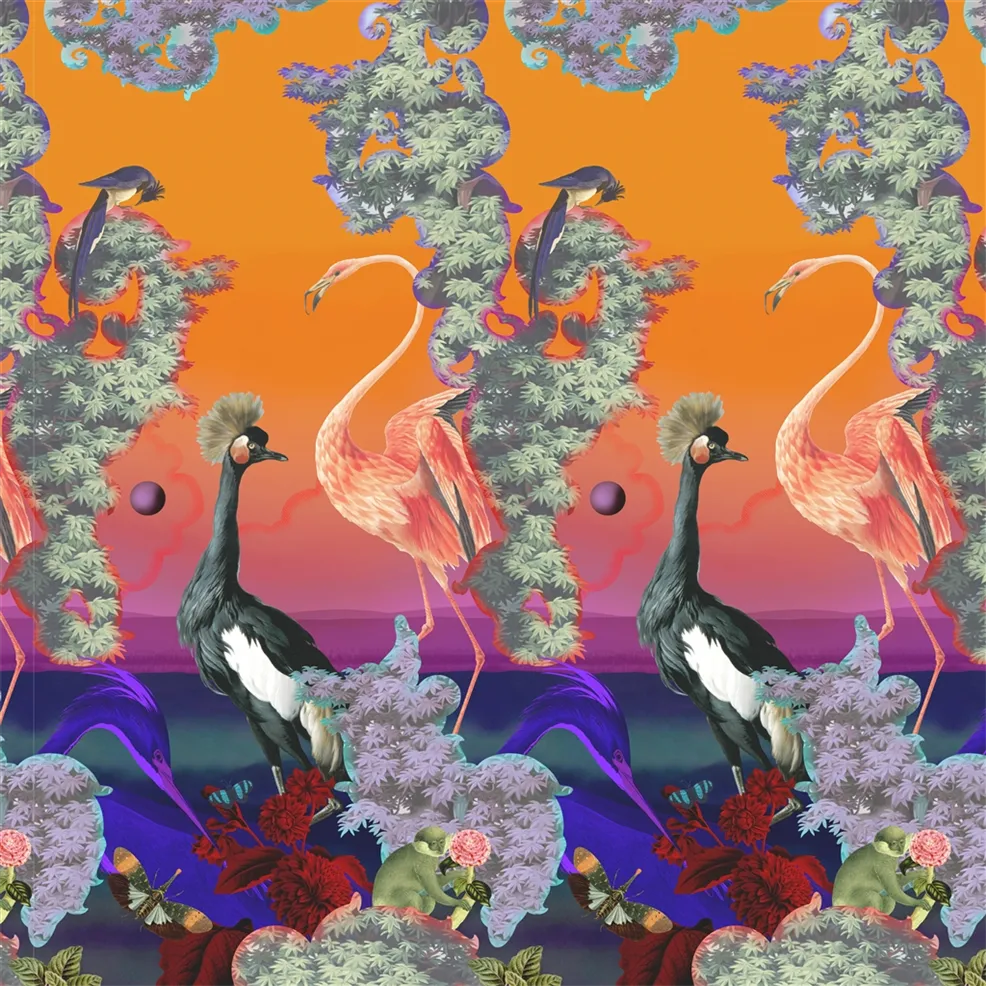 Novafrica Sunset Peacock Flamingo Scene 1 Panel   Wallpaper | Christian Lacroix Europe