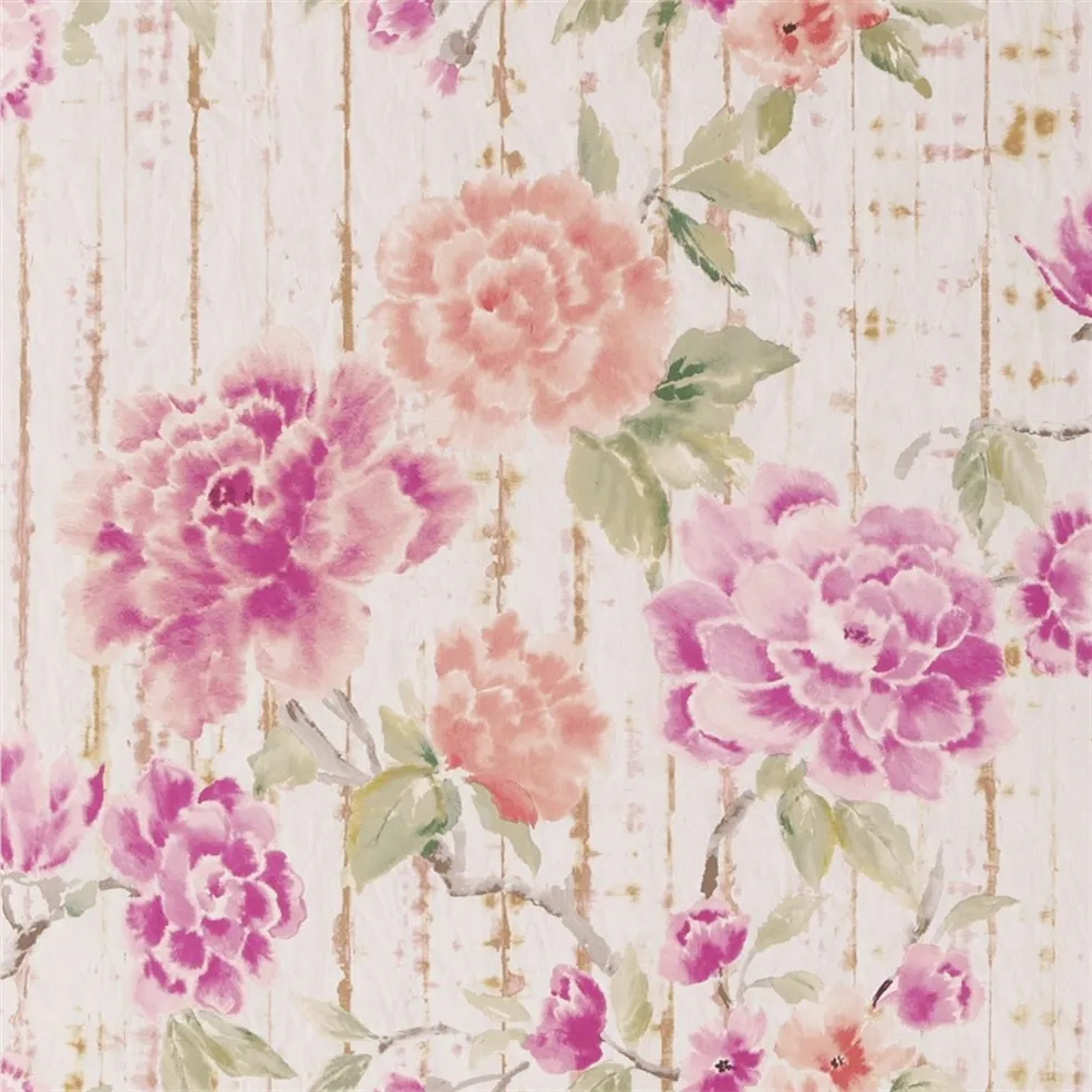 Kyoto Peony Flower Coral Wallpaper | Designers Guild Europe