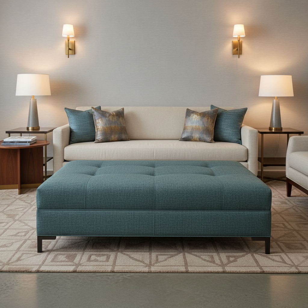 Woven Textile Texture Ocean Teal Upholstered Ottoman | Architectural Fabrics