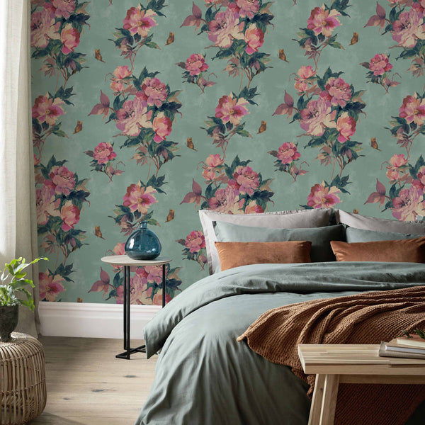 Madama Butterfly Teal - Green Wallcovering | 1838 Wallcoverings