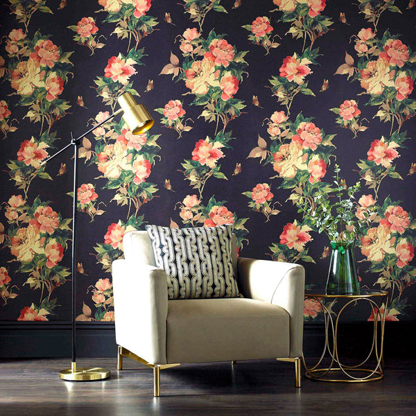 Madama Butterfly Ebony - Black Wallcovering | 1838 Wallcoverings