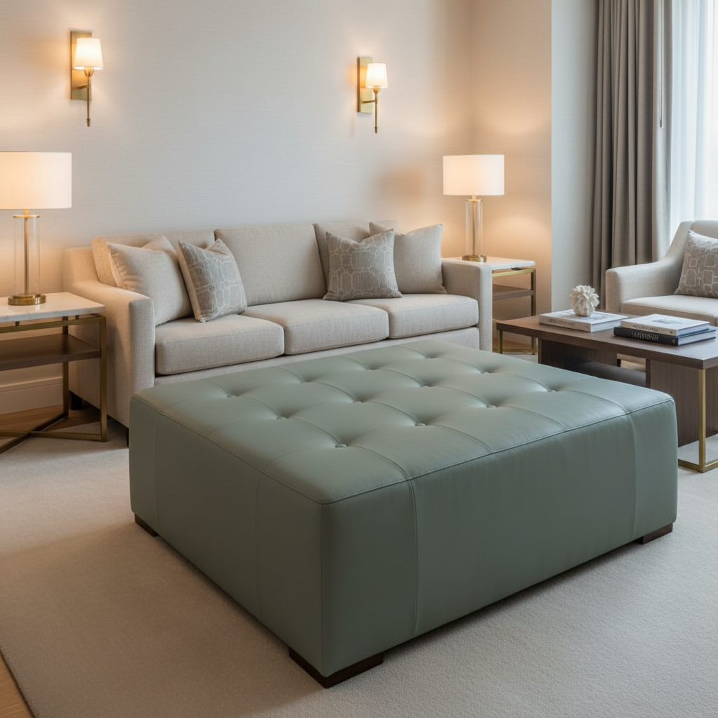 Smooth Matte Finish Earthy Green Upholstered Ottoman | Architectural Fabrics