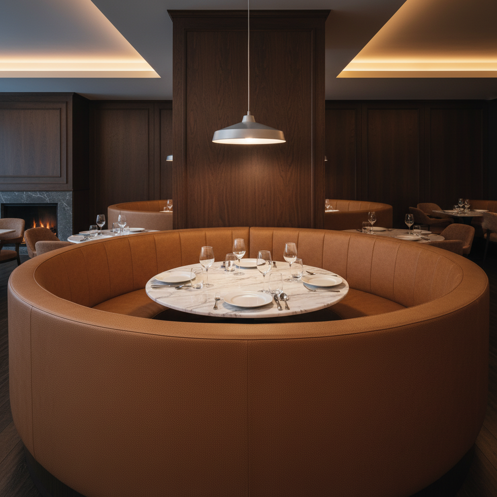 Fine Pebble Grain Warm Chestnut Upholstered Banquette | Architectural Fabrics