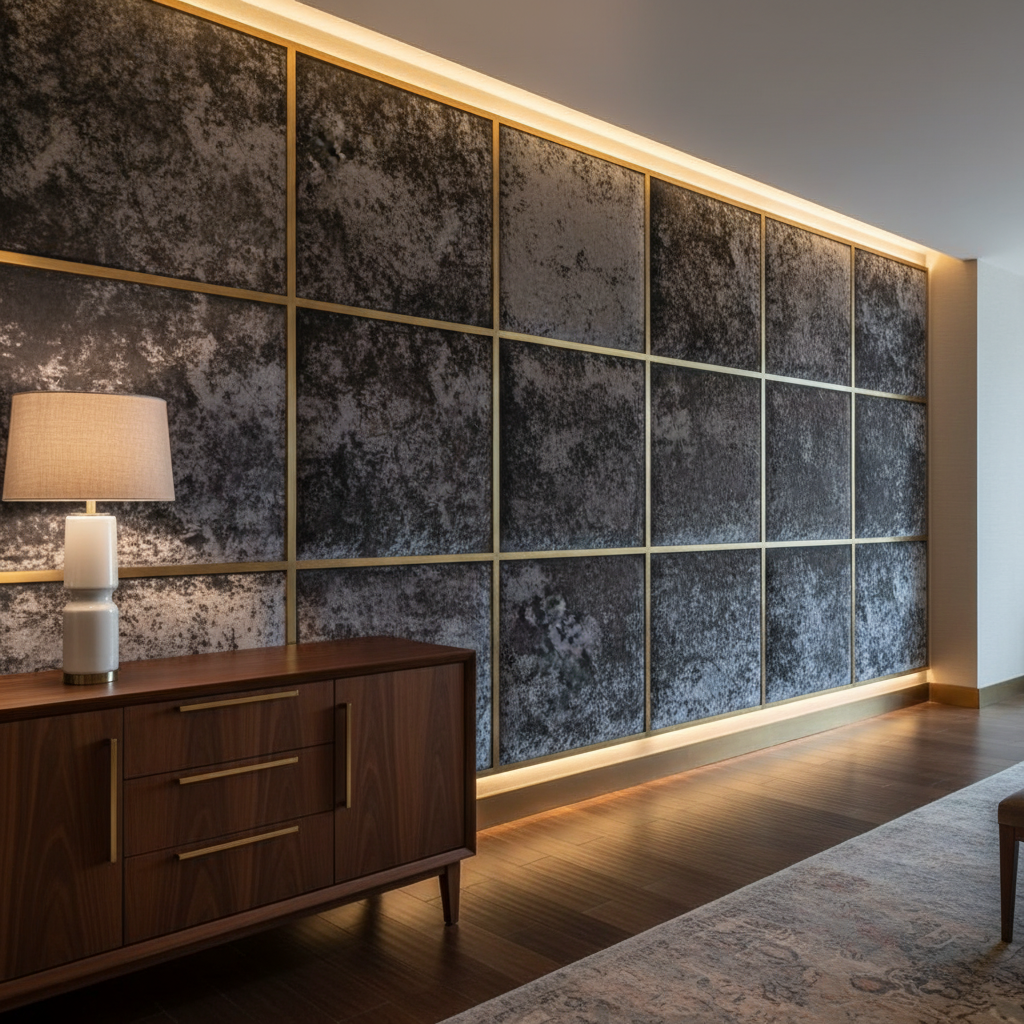 Crushed Velvet Texture Dark Charcoal Upholstered Wall Panel | Architectural Fabrics
