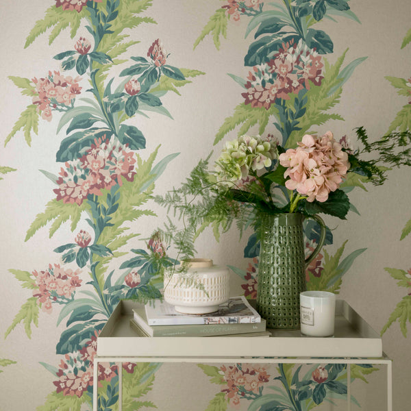 Aurora Moss - Green and Pink Wallcovering | 1838 Wallcoverings