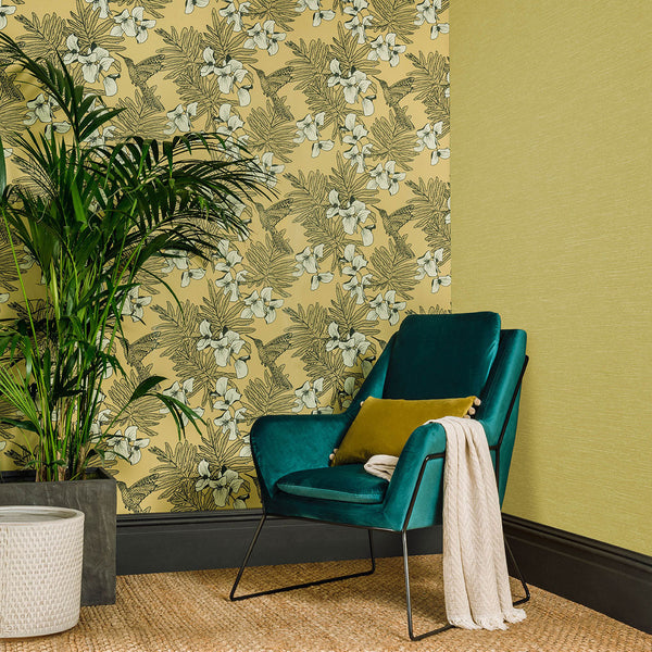 Hummingbird - Mustard Yellow Wallcovering | 1838 Wallcoverings
