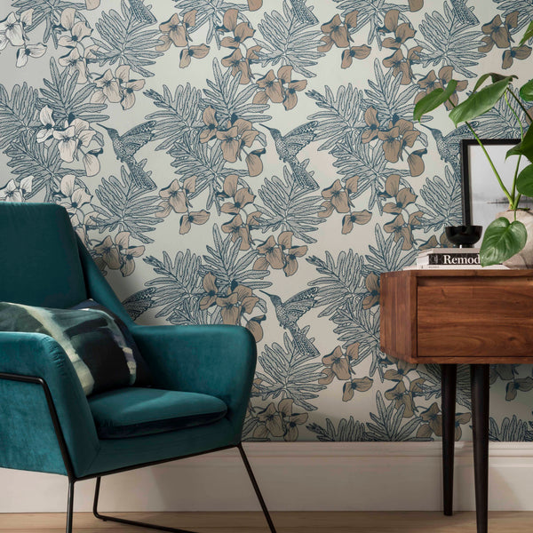 Hummingbird Lagoon - Blue Wallcovering | 1838 Wallcoverings