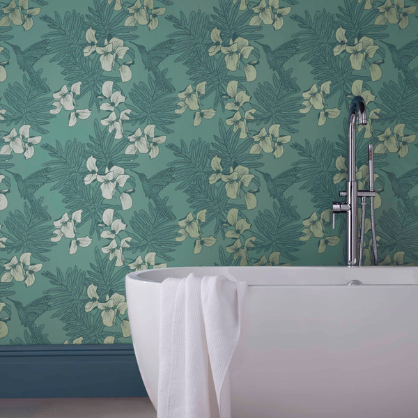 Hummingbird Seafoam - Teal Wallcovering | 1838 Wallcoverings