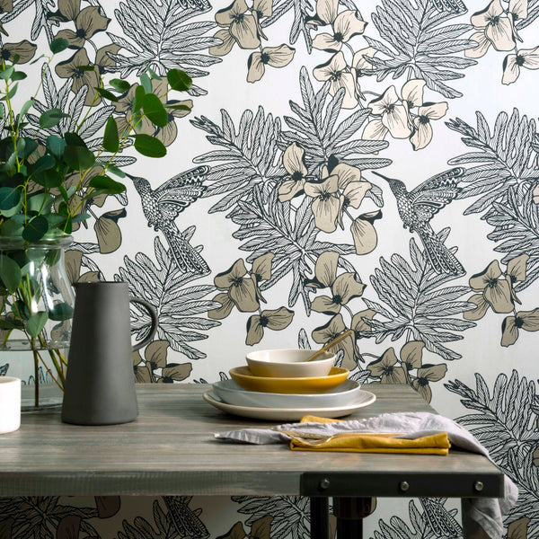 Hummingbird Jet Black and - Metallic Wallcovering | 1838 Wallcoverings