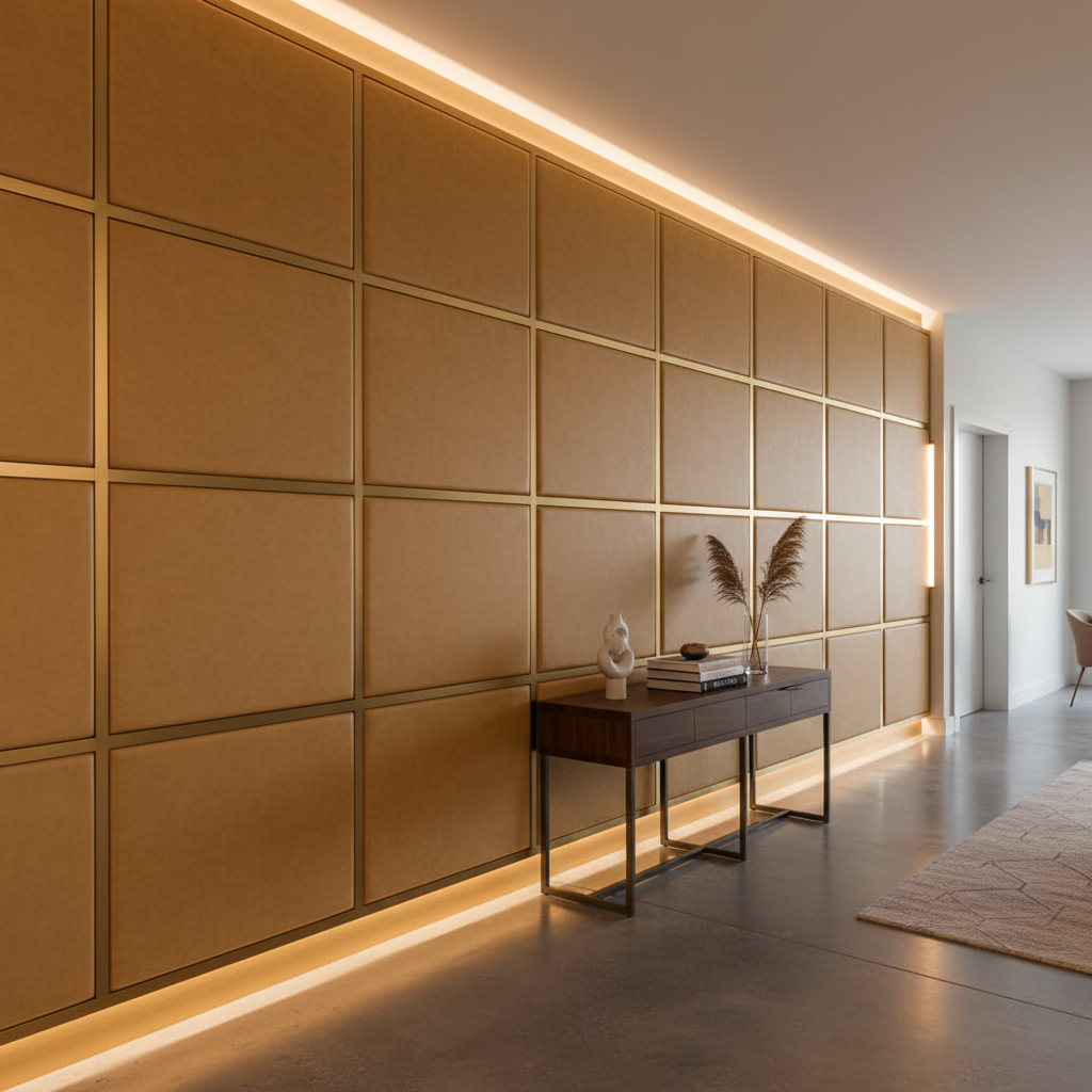 Smooth Leather Grain Golden Tan Upholstered Wall Panel | Architectural Fabrics