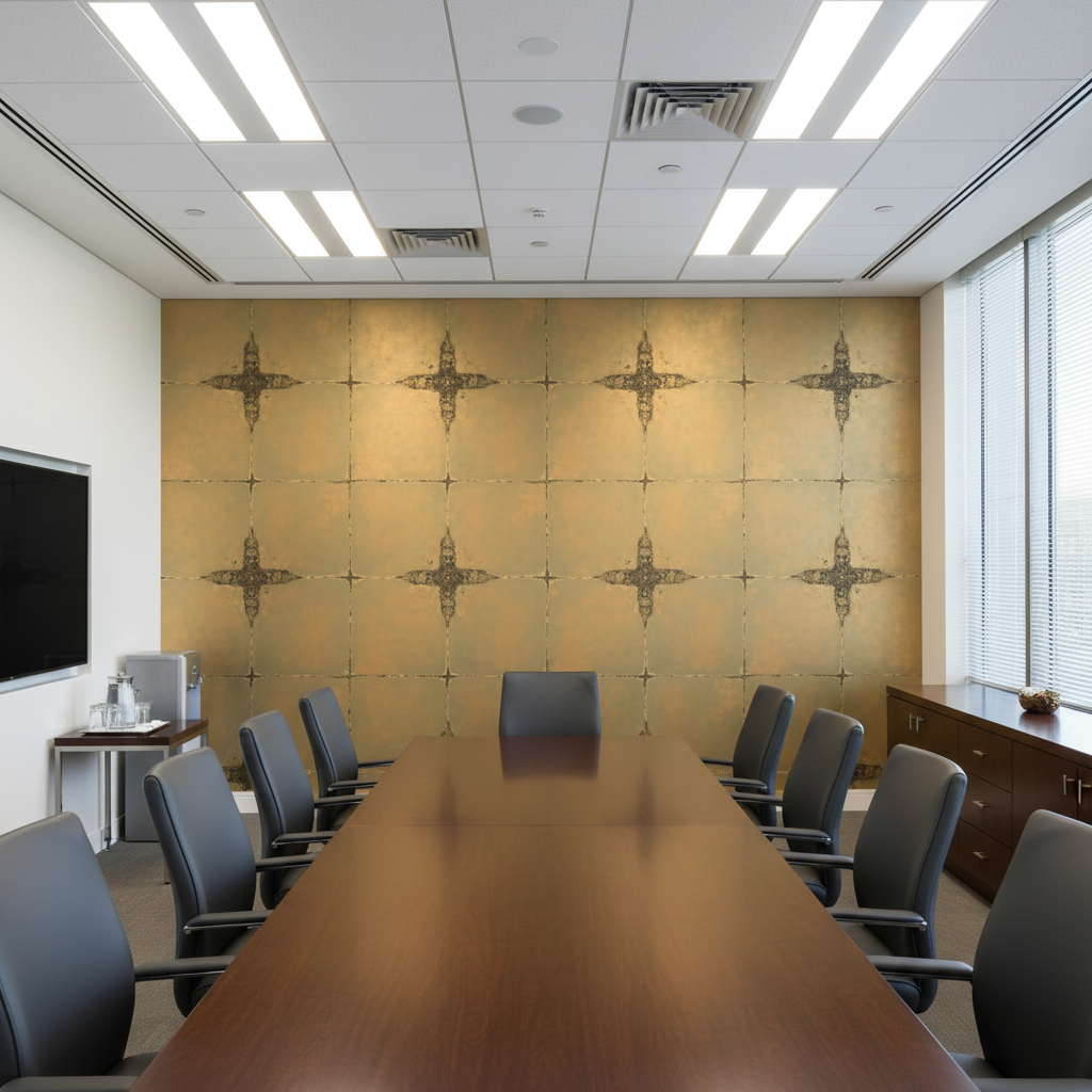 Moroccan Gold Shimmer Faux Tile | Hollywood Wallcoverings - Conference Room commercial room setting