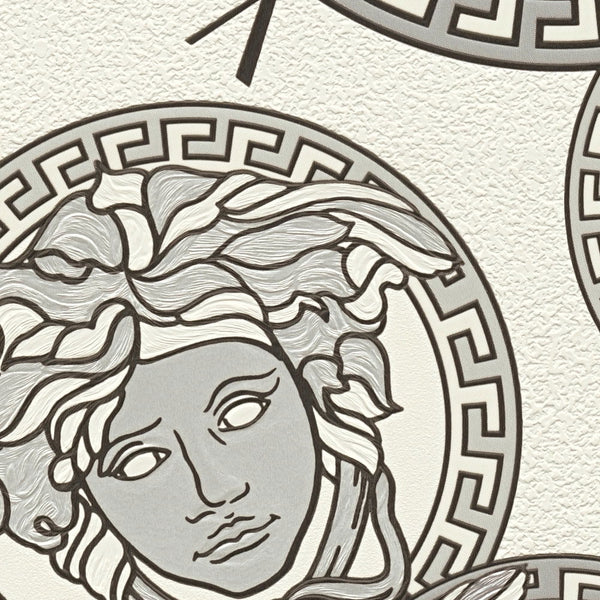 Medusa Label Metallic, Black, White Wallcovering | Versace