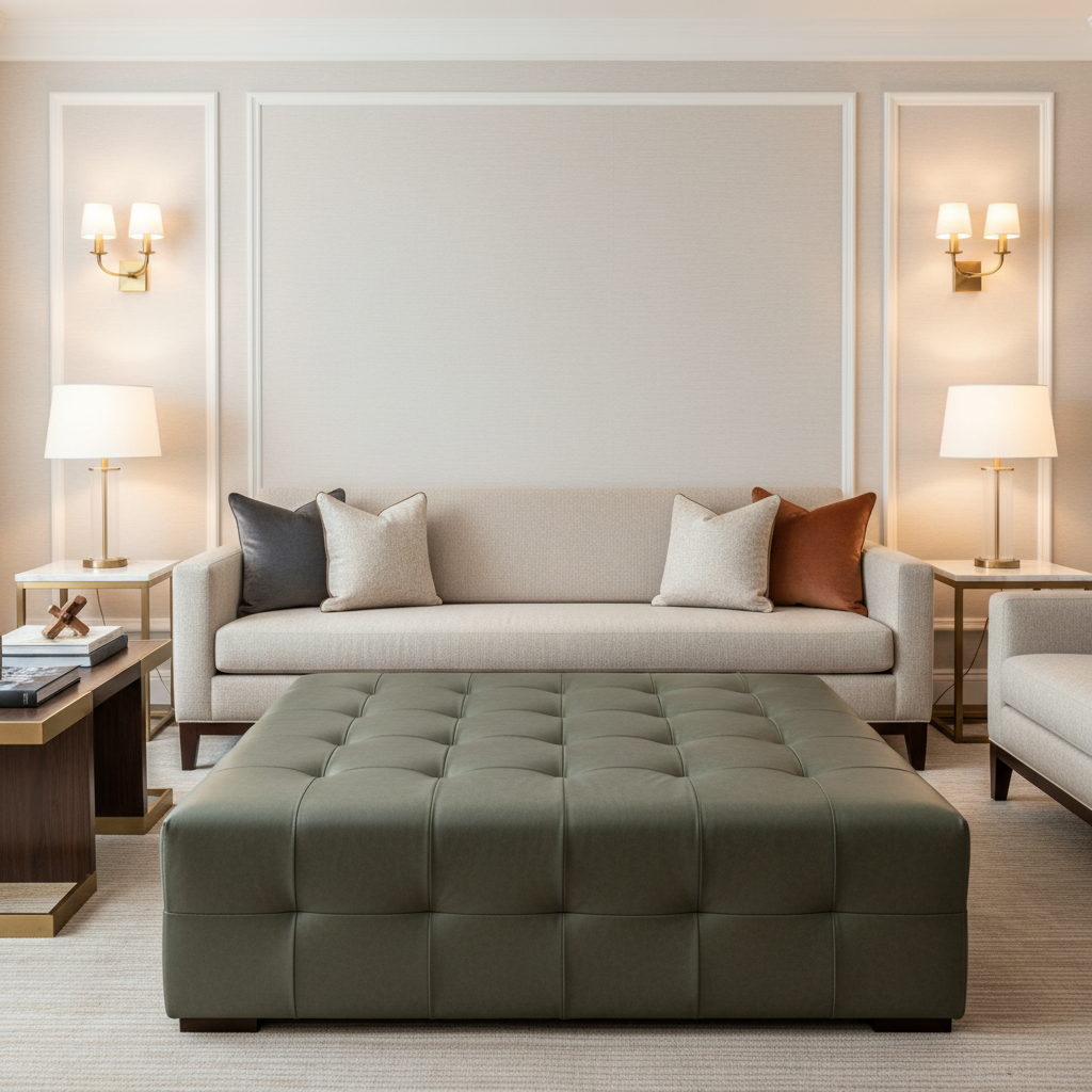 Smooth Pebble Grain Muted Olive Upholstered Ottoman | Architectural Fabrics