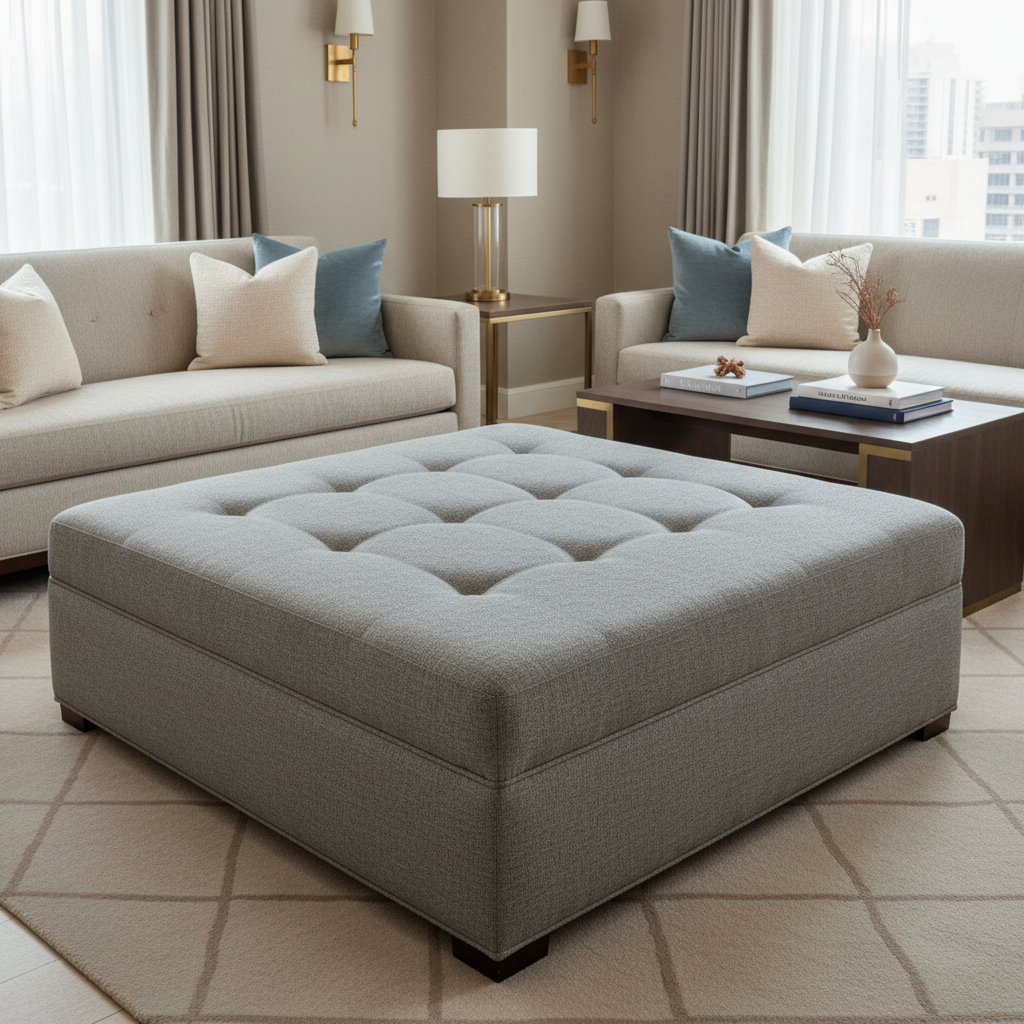 Fine Woven Texture Cool Gray Upholstered Ottoman | Architectural Fabrics