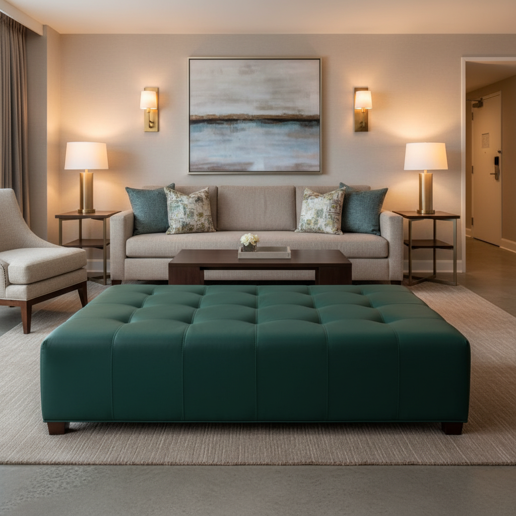 Smooth Velvet Nap Forest Depth Upholstered Ottoman | Architectural Fabrics