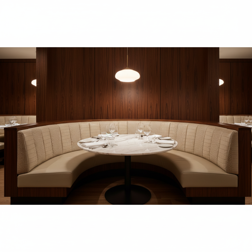 Embossed Reptile Scale Pale Taupe Upholstered Banquette | Architectural Fabrics