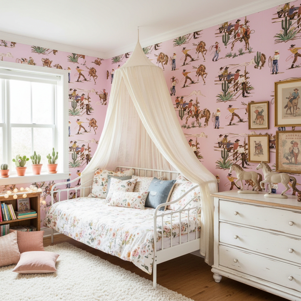 The Original Yeeha 1950's Cowboy - Pink Mid-Century Modern | Architectural Wallcoverings - Girls Western Chic Bedroom Room Setting
