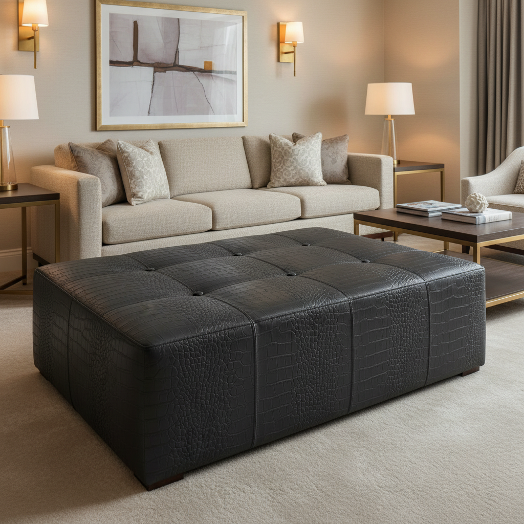 Embossed Reptile Scale Charcoal Black Upholstered Ottoman | Architectural Fabrics