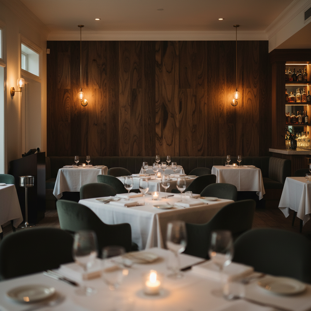 Biscay Bay Coffee Wood Grain | Hollywood Wallcoverings - Restaurant Dining commercial room setting