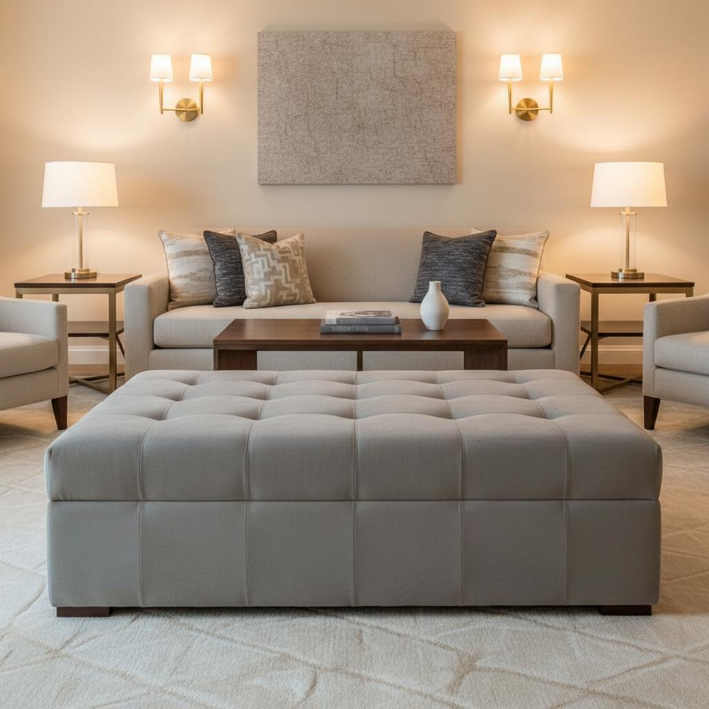 Ultrasuede  Mink  Grey Upholstered Ottoman | Ultrasuede Upholstery