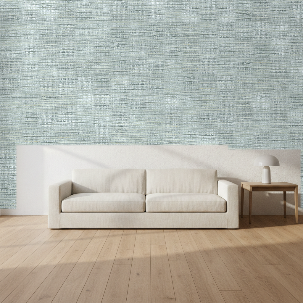 Nantucket Grasscloth Blue Smoke & Metallic Silver Wallcovering | Phillipe Romano room setting