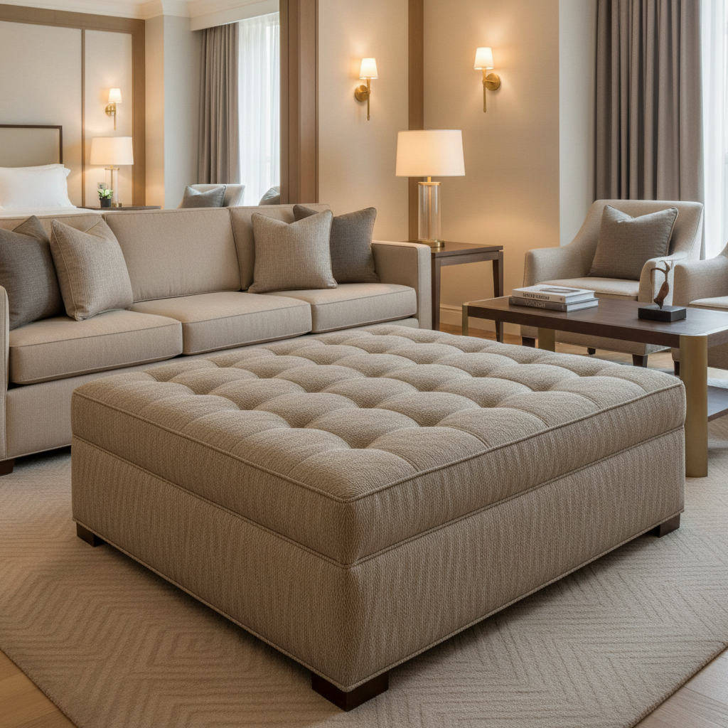 Woven Chevron Texture Neutral Taupe Upholstered Ottoman | Architectural Fabrics