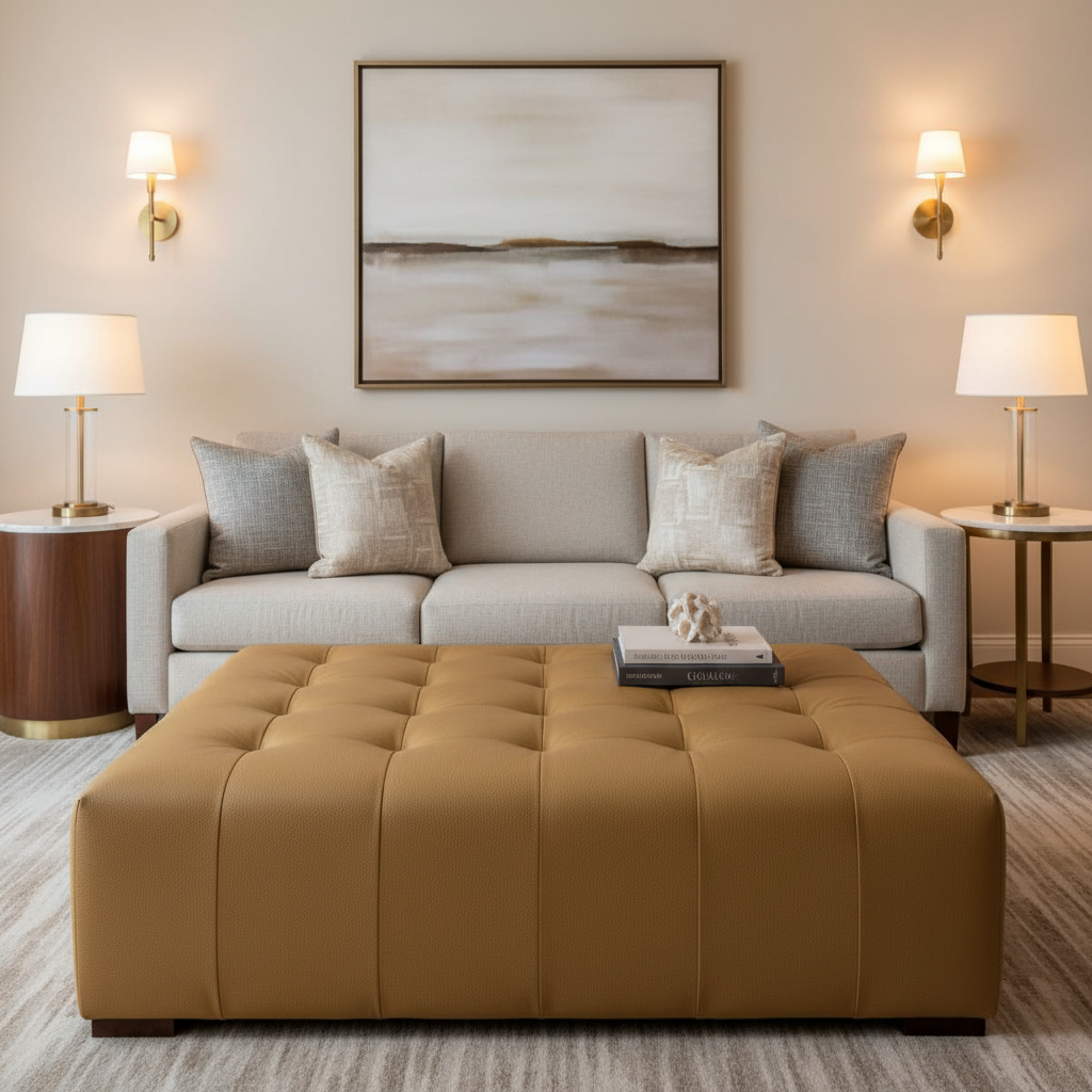 Fine Pebble Grain Golden Tan Upholstered Ottoman | Architectural Fabrics