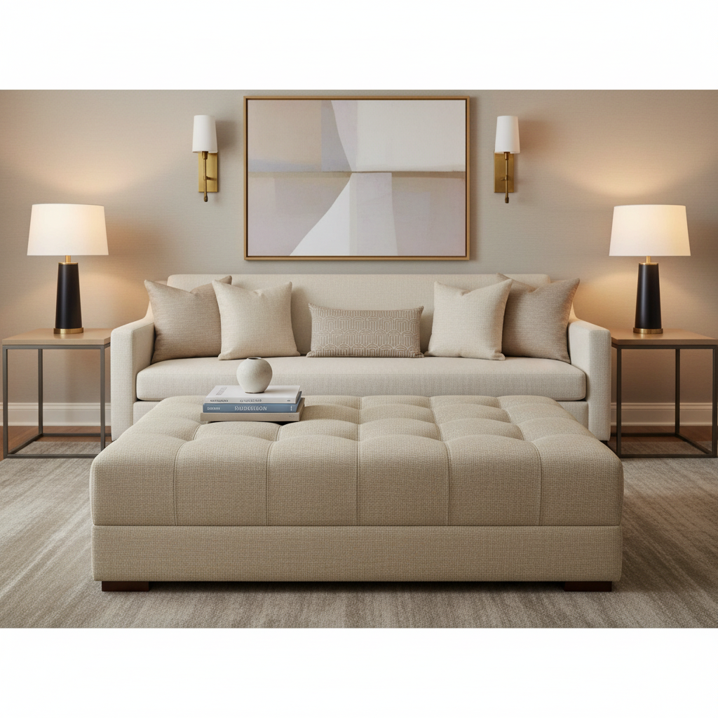 Brushed Linen Weave Natural Linen Upholstered Ottoman | Architectural Fabrics