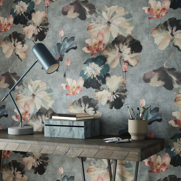 Water Lilies Mineral - Green Wallcovering | 1838 Wallcoverings
