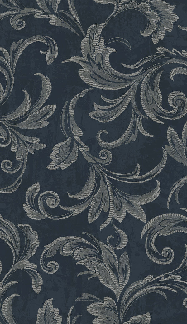 Scroll Transitional Scroll - Navy, Silver, and Gray | Architectural Wallcoverings