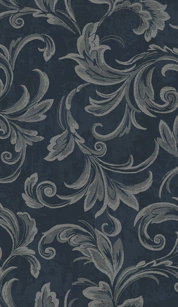 Malibu Scroll Wallpaper - Transitional Scroll - Navy, Silver, and Gray | Malibu Wallpaper