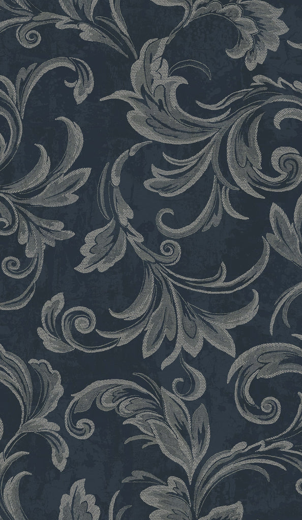 Malibu Scroll Wallpaper - Transitional Scroll - Navy, Silver, and Gray | Malibu Wallpaper