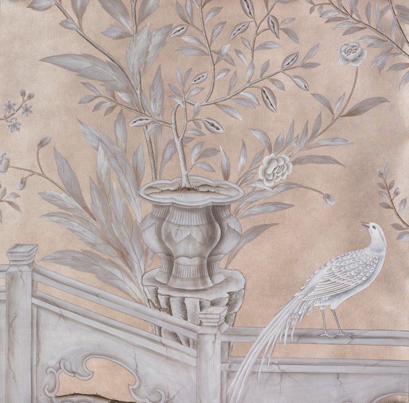 Salon Vert — Colourway SC-113 on Pewter gilded silk with embroidery