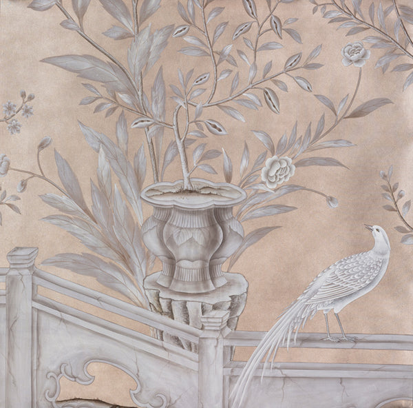 Salon Vert — Colourway SC-113 on Pewter gilded silk with embroidery