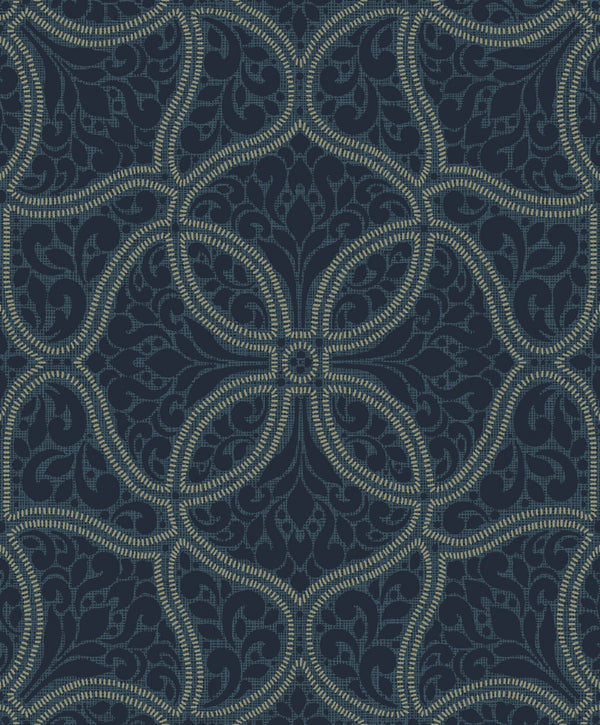 Scroll Trail Transitional Geometric - Navy and Silver | Architectural Wallcoverings