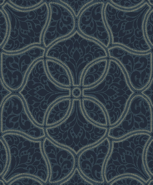 Malibu Scroll Trail Wallpaper - Transitional Geometric - Navy and Silver | Malibu Wallpaper
