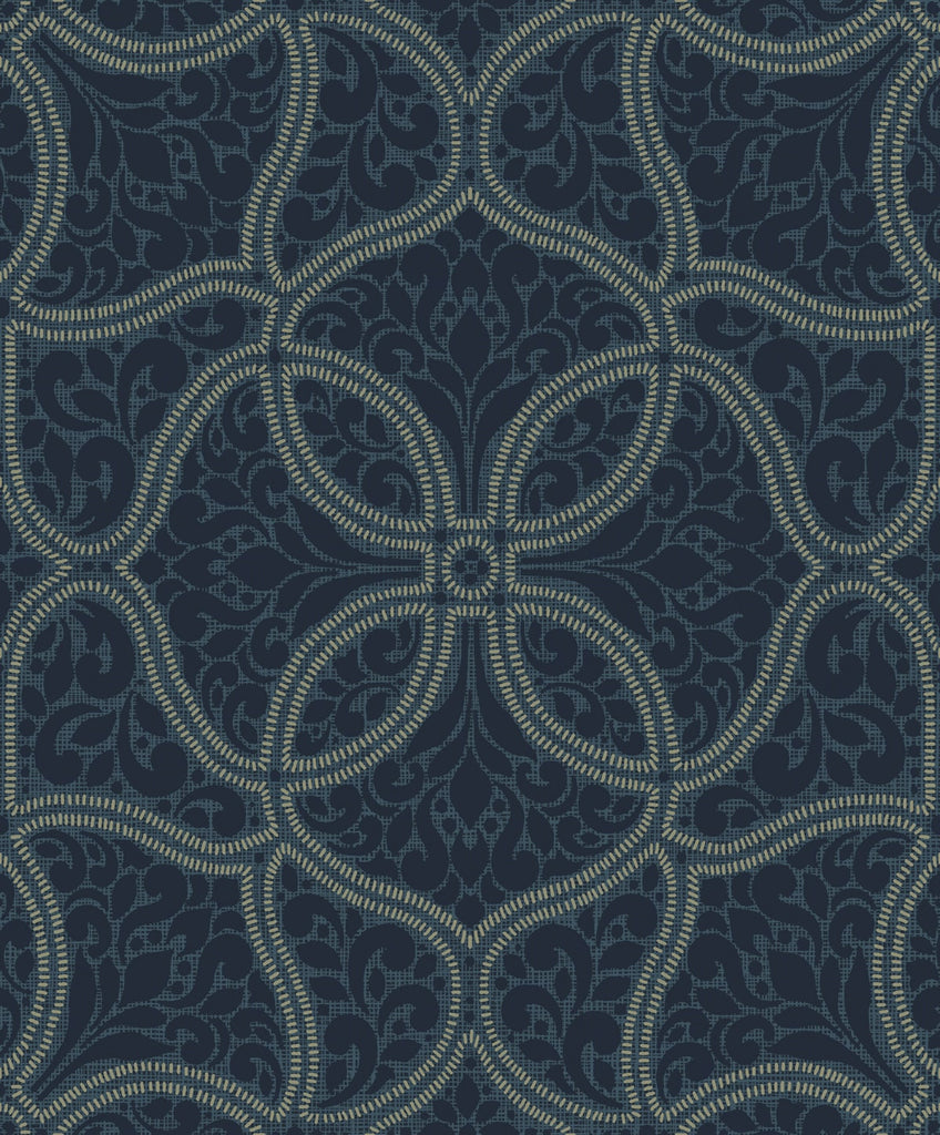 Malibu Scroll Trail Wallpaper - Transitional Geometric - Navy and Silver | Malibu Wallpaper