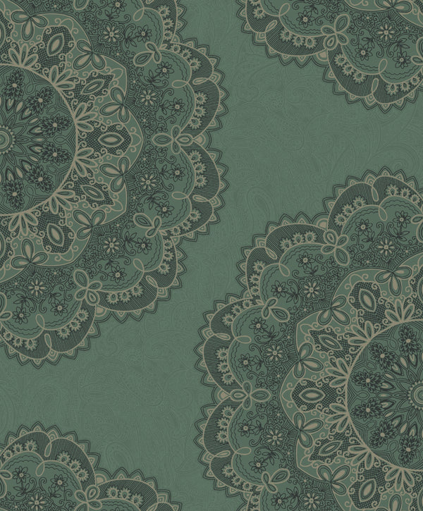 Lace Medallion Transitional Geometric - Sea Green, Beige, and Ebony | Architectural Wallcoverings