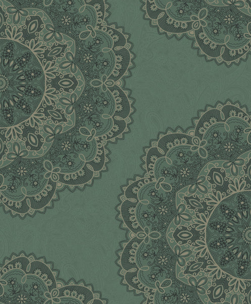 Malibu Lace Medallion Wallpaper - Transitional Geometric - Sea Green, Beige, and Ebony | Malibu Wallpaper