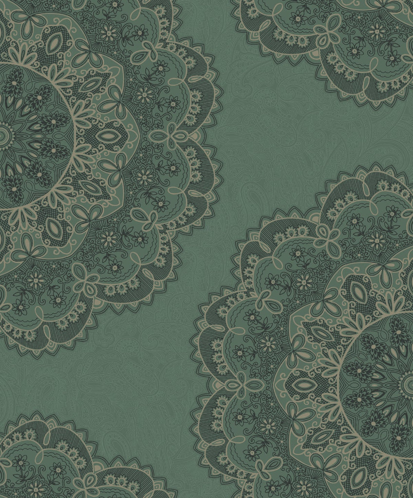 Malibu Lace Medallion Wallpaper - Transitional Geometric - Sea Green, Beige, and Ebony | Malibu Wallpaper