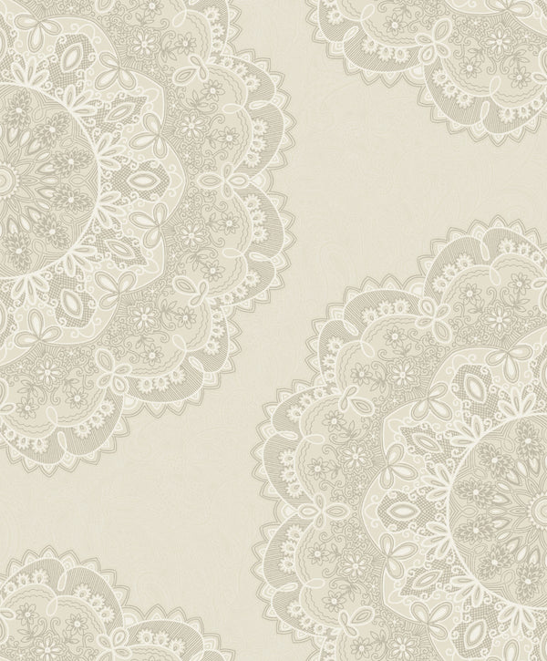 Lace Medallion Transitional Geometric - Cream, Silver, and White | Architectural Wallcoverings