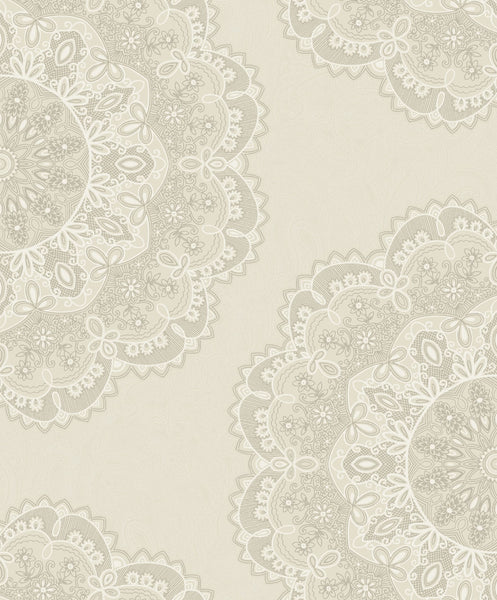 Malibu Lace Medallion Wallpaper - Transitional Geometric - Cream, Silver, and White | Malibu Wallpaper