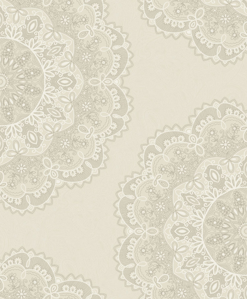 Malibu Lace Medallion Wallpaper - Transitional Geometric - Cream, Silver, and White | Malibu Wallpaper