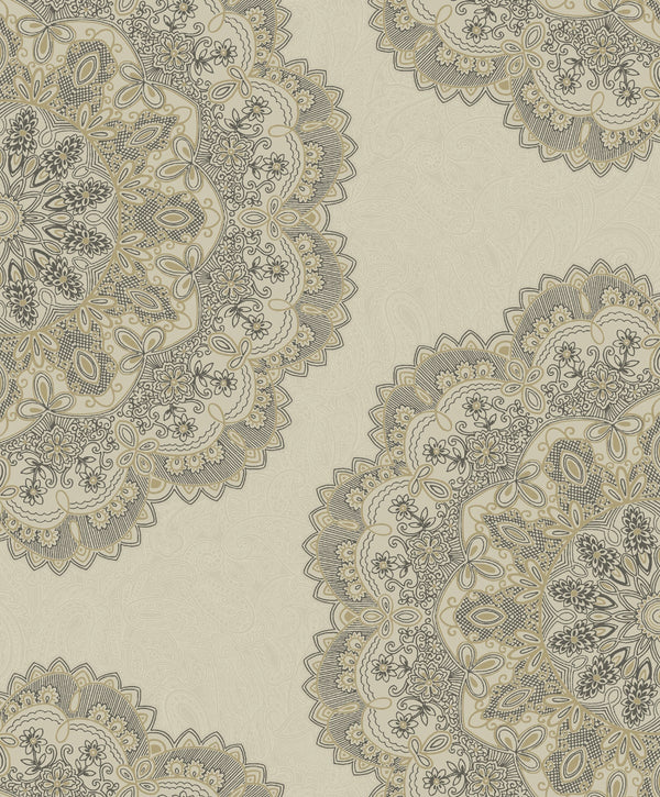 Lace Medallion Transitional Geometric - Gold and Charcoal | Architectural Wallcoverings