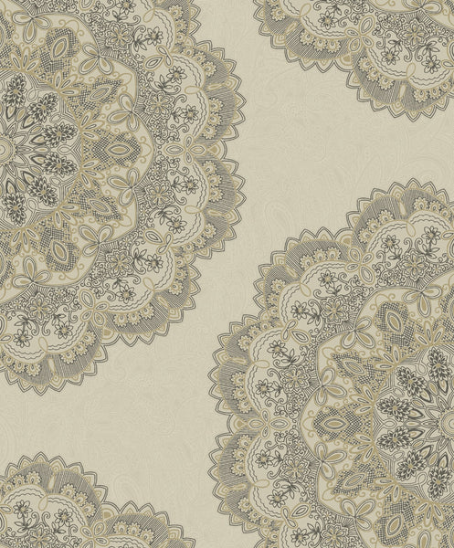 Malibu Lace Medallion Wallpaper - Transitional Geometric - Gold and Charcoal | Malibu Wallpaper