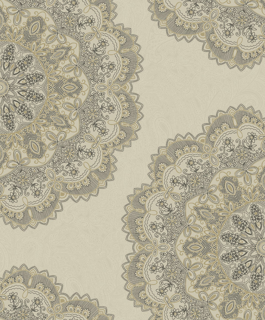 Malibu Lace Medallion Wallpaper - Transitional Geometric - Gold and Charcoal | Malibu Wallpaper
