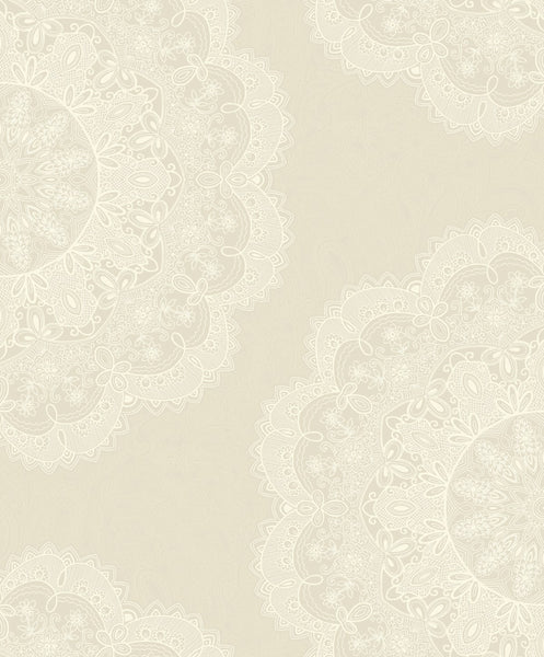 Malibu Lace Medallion Wallpaper - Transitional Geometric - Pearl and Off-White | Malibu Wallpaper
